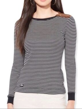 Ralph Lauren Equestrian Long Sleeve Striped Shirt w Elbow Patches Women’s Sz L